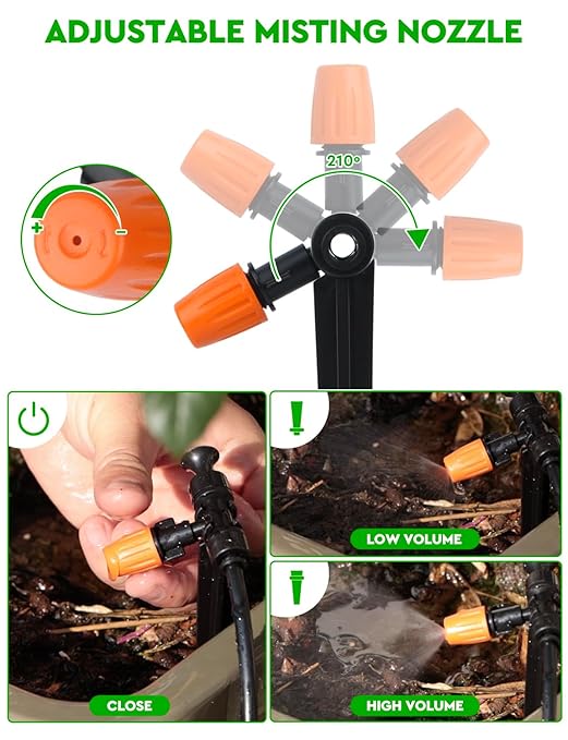 50ft Micro Drip Irrigation Kit, Micro Drip Irrigation System Kit with Adjustable Misting Nozzle Sprinkler, Tubing and Connectors, Watering for Garden, Flower Beds, and Potted Plants