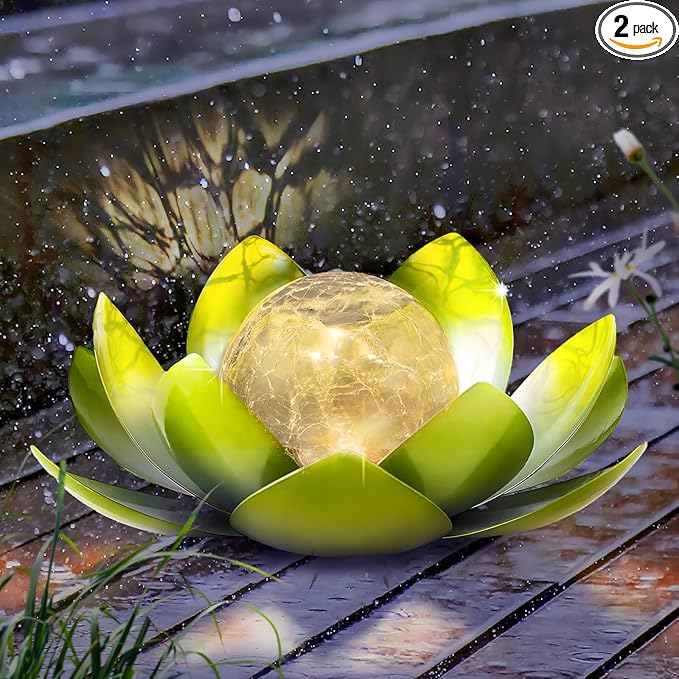 Garden Solar Light Outdoor(2Pack),Crackle Globe Glass Lotus Decoration, Waterproof Metal LED Flower Lights for Patio,Lawn,Walkway,Tabletop,Ground