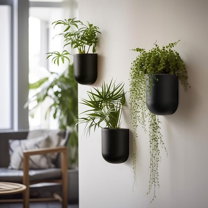 LA JOLIE MUSE Wall Hanging Planters for Indoor Plants，Hanging Flower Pots for Air Plants Succulent, Set of 2, 6 Inch, Black