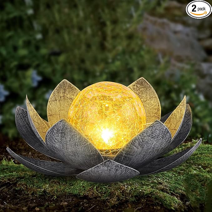 Garden Solar Light Outdoor(2Pack), Amber Crackle Globe Glass Lotus Decoration, Waterproof Gary Metal LED Flower Lights for Patio,Lawn,Walkway,Tabletop, Garden Gifts for Women