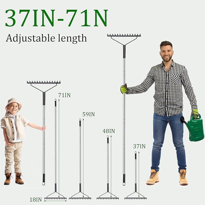 Sturdy Garden Rakes for Leaves: Metal Rake Heavy Duty Tool for Quick Clean Up of Lawn and Yard, 38’’--63’’ Adjustable Long Handle and 25Tins