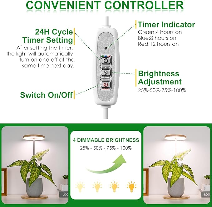 LORDEM Bamboo Grow Light, LED Plant Light for Indoor Plants Growing, Full Spectrum Bamboo Desk Growth Lamp with Automatic Timer for 4H/8H/12H, 4 Dimmable Levels, Height Adjustable