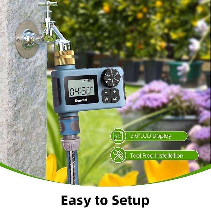 Hose Timer with Brass Inlet, Water Timer for Garden Hose Faucet, Sprinkler Timer Outdoor, Irrigation Timer with Rain Delay/Manual for Garden/Outdoor Hose, Yard, Lawns, 1 Outlet