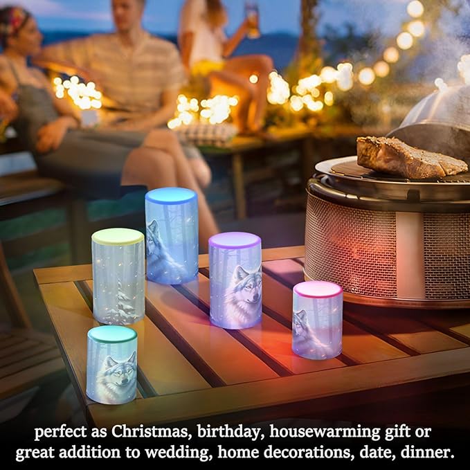 Flickering Flameless Candles, Wolf Winter Forest LED Candles with Remote Timer, Set of 2 Battery Operated Candle for Valentine Wedding Birthday