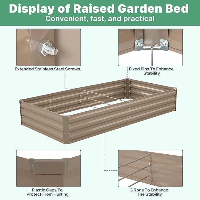 Metal Raised Garden Bed with Greenhouse 2 Large Zipper Windows Dual Use,Galvanized Steel Raised Garden Bed for Gardening Vegetables Fruit,20pcs T-Types Tags & 1 Pair of Gloves,8x4x1FT,Brown