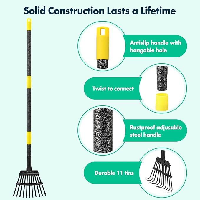 Rake,60 Inch Heavy Duty Small Garden Rake 11 Metal Tines -8.5 inch Wide, Adjustable Steel Handle,Garden Leaf Rake for Collecting Debris Among Flower Beds, Delicate Plants, Lawns ,Yards