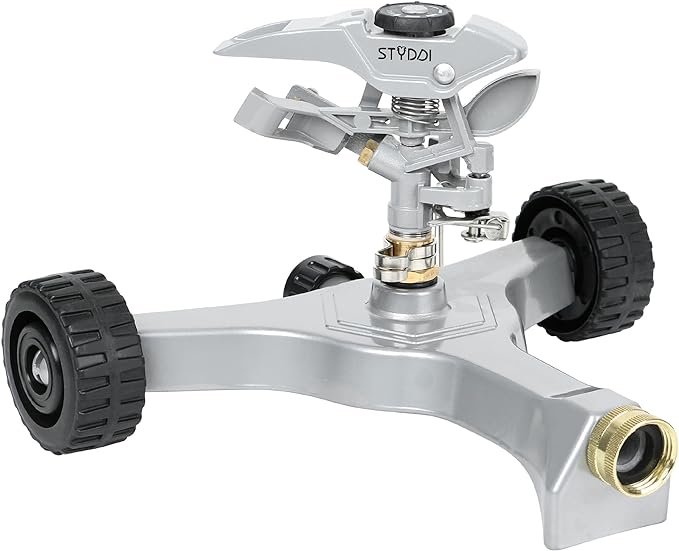 STYDDI Metal Pulsating Sprinkler on in-Series Metal Wheeled Base, Adjustable Circular Water Sprinkler for Medium to Large Circular Lawn, Yard, Garden and Large Areas, Coverage up to 6,360 Sq. ft