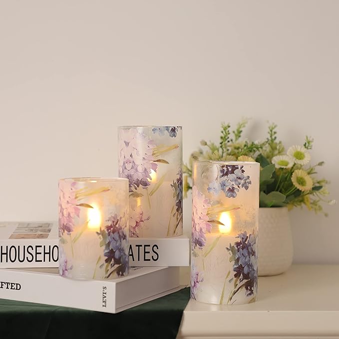 Floral Flameless Candles Decorative Battery Operated with Remote Hydrangea Flowers Romantic Lovers Flickering Pillar Candles for Wedding Tray Centerpiece Home Decor