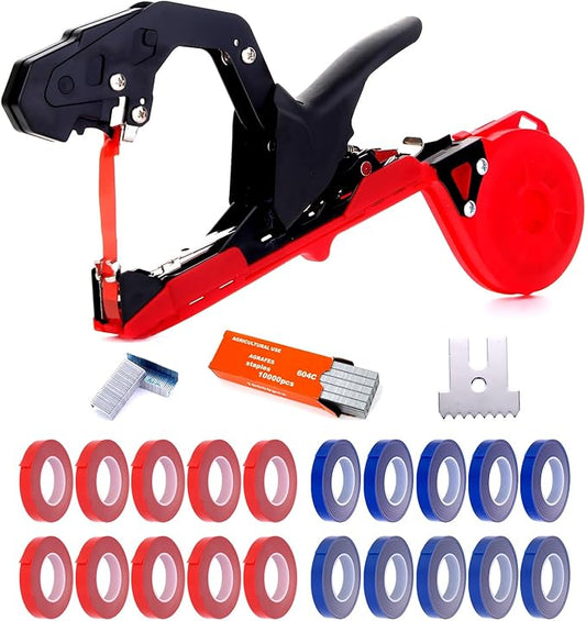 Plant Tying Machine,Plant Vine Tying Machine Tool with 10000pcs Staples 20 Rolls Tape Plant Tape Gun for Grapes Raspberries Tomatoes and Vining Vegetables Tying Tool(red)