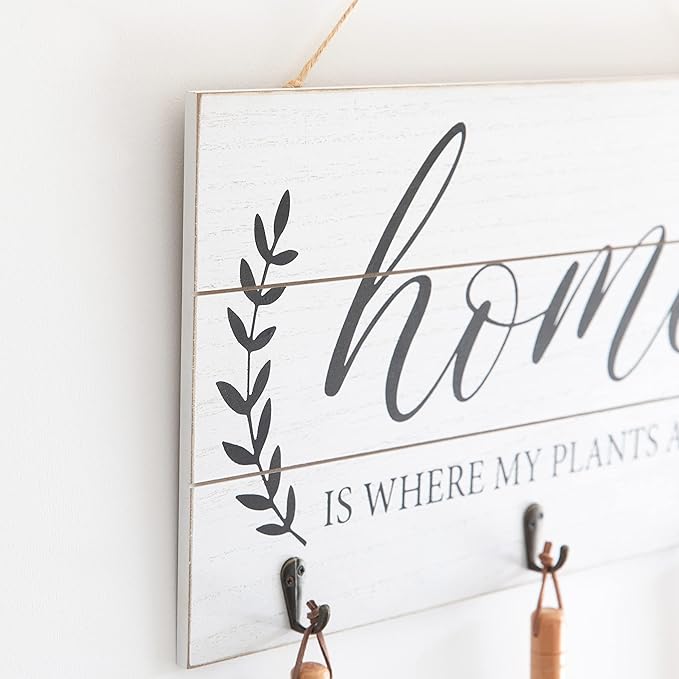 COLLECTIVE HOME - Garden Decor with Tools, Inspirational Wood Hanging Signs, Garden Tools Set - 3 Piece, Out Door Decor with Hooks, Home is Where My Plants are, 15.75"x9.5" (White)