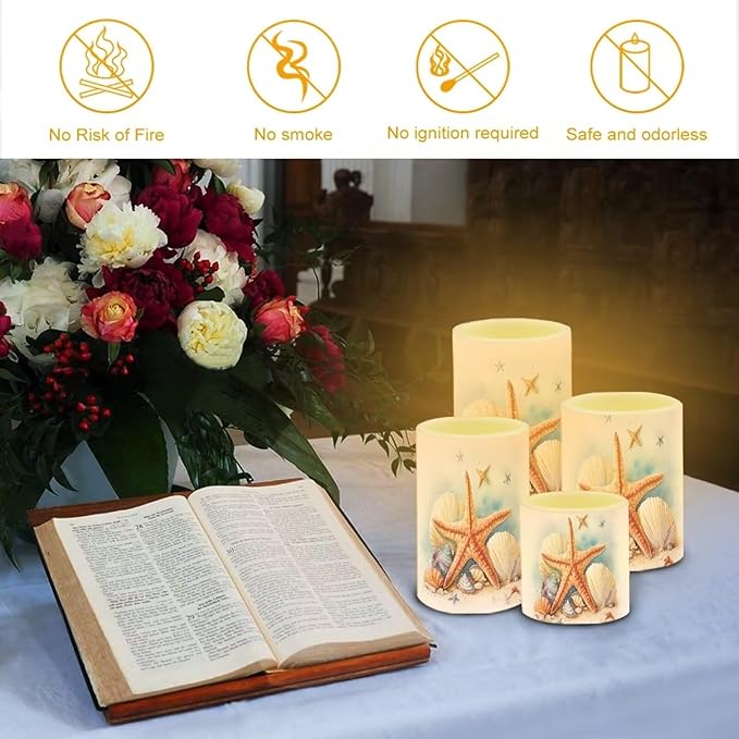 Flameless LED Battery Candles Pack of 4 Waterproof Pillar Candles Tealights with 18-Key Timer Remote Colorful Lights for Outdoor Beach Coastal Home Decor, Starfish Seashell Retro