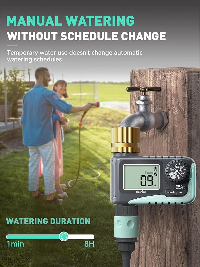 RAINPOINT 2-Pack Sprinkler Timer with Brass Swivel, Water Timer for Garden Hose, Programmable Hose Timer with Rain Delay/Manual Watering, Digital Irrigation Timer System for Lawns, 1 Outlet