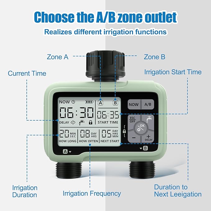 CROSOFMI Water Timer for Garden Hose,Sprinkler Timer with Rain Delay/Manual Watering/Automatic Irrigation Controller System - Water Hose Timer Programmable Faucet Timer for Yard Lawn,2 Outlet
