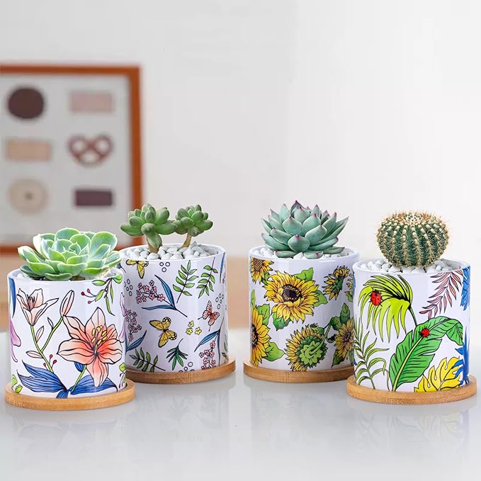 Succulent Pots for Plants, 3.1 Inch Ceramic Planter Pot with Drainage Holes and Bamboo Tray, Home Decor, Set of 6 - Plants Not Included