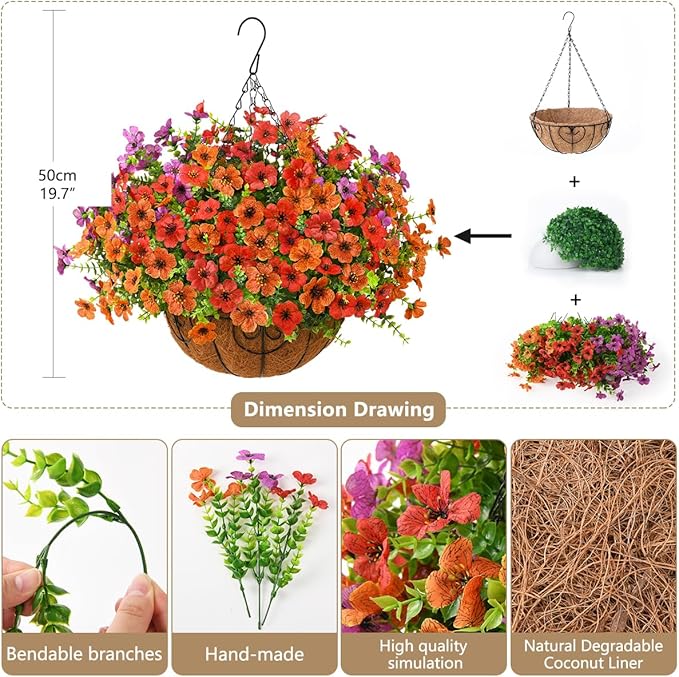 Artificial Faux Hanging Plants Flowers Basket for Spring Outdoor Decoration, Fake Silk Daisy in Planter Realistic UV Resistant Look Real for Porch Home Patio Balcony Yard(Purple Orange red)