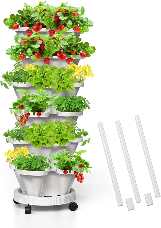 6 Tiered Strawberry Vertical Planters, Stacking Tower Garden with Support Pole, Stackable Herb Vegetable Planters Indoor and Outdoor - White