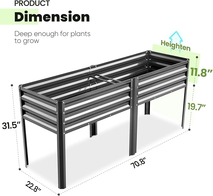 KING BIRD Raised Garden Bed with Irrigation System and Legs Galvanized Elevated Planter Box for Backyard, Patio, Balcony, 600lb Capacity, 70.9x22.8x31.5 in Dark Grey
