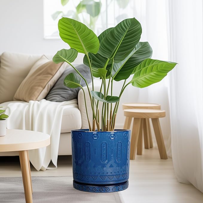 10 Inch Plant Pot - Ceramic Planter Outdoor Plant Pot Indoor with Drainage Holes and Saucer Large Flower Pot Round Decorative Planter for Garden Patio Decor Blue