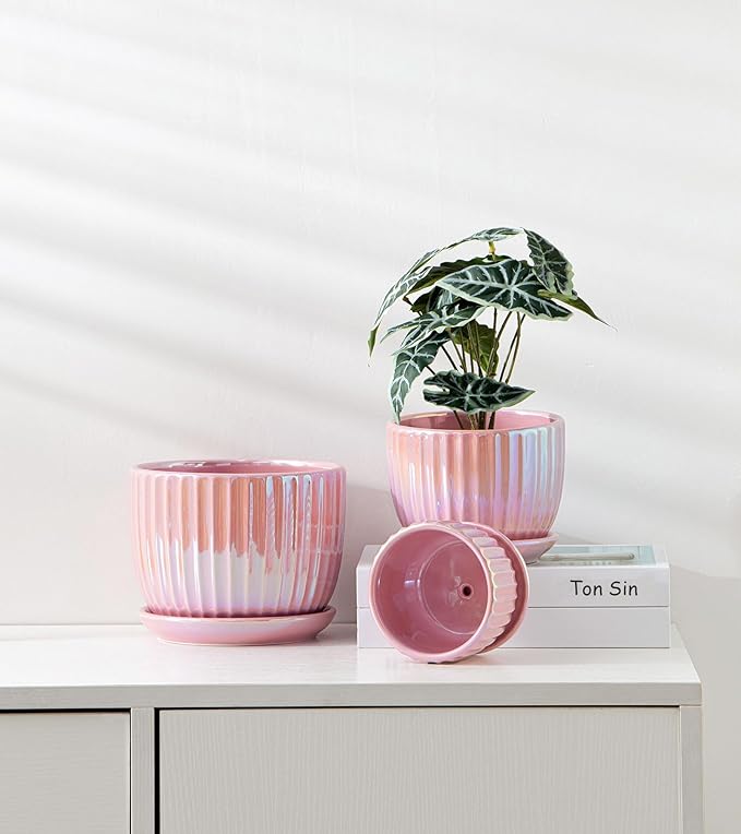 Ton Sin Pink Gold Ceramic Flower Pots, 4"+5"+6" Inch Small Glazed Succulent Planters with Drainage Hole,Modern Indoor Decorative Plant Pots Set of 3,Garden Pots with Saucer