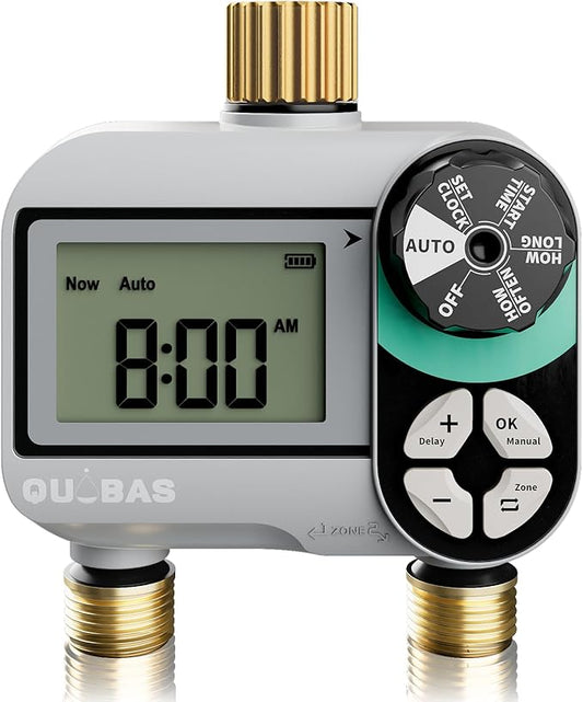 2 Zone Sprinkler Timer, Programmable Hose Timer with Brass Inlet & Outlet, Water Timer for Garden Hose with Rain Delay/Manual Watering/Automatic Irrigation Controller System for Yard, Lawn
