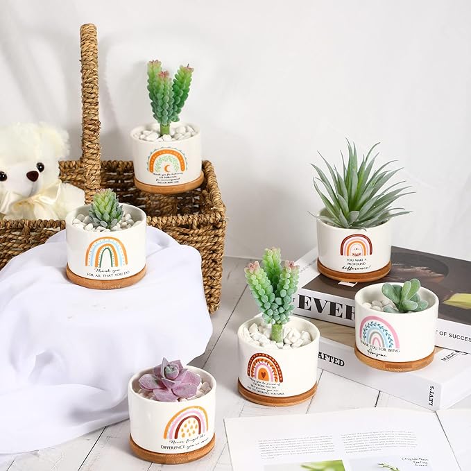 Sieral 6 Pcs Thank You Gift Appreciation Gift Succulent Pots Mini Ceramic Plant Pot with Bamboo Tray Succulent Planter for Coworker Employee Teacher School Counselor, Plants Excluded(Boho Style)