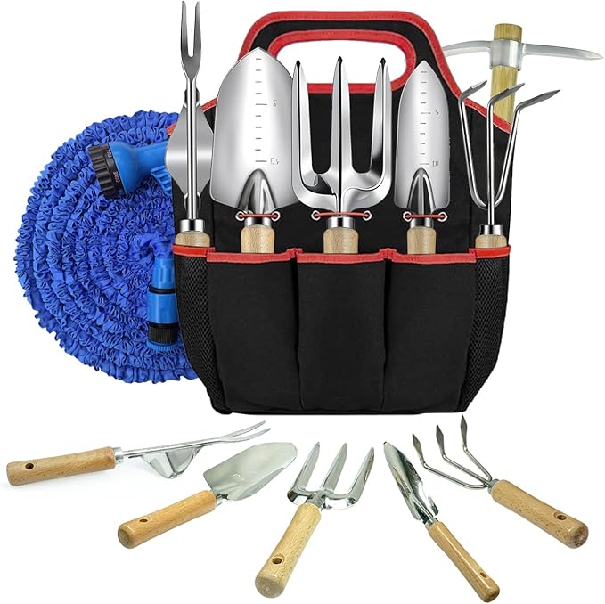 Garden Tools Set 26 Piece, Succulent Tools Set Included, Heavy Duty Stainless Steel Gardening Tools,Ergonomic Handle Tools, Storage Tote Bag,295in Water Pipe,ice Pickaxe,Ideal Gifts for Women