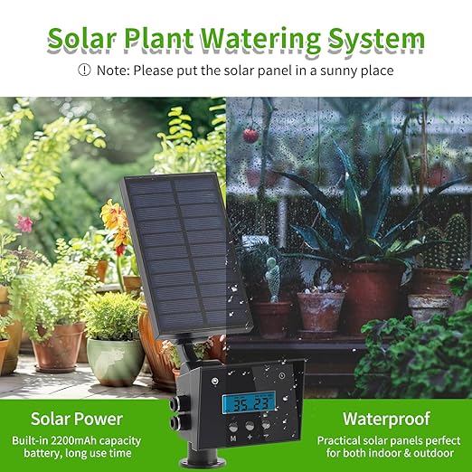 Solar Drip Irrigation System, Automatic Irrigation System for Outdoor Gardening，2200mA Battery and rain Sensing Function,for courtyards, Balconies, Gardens, 10 Potted Plants