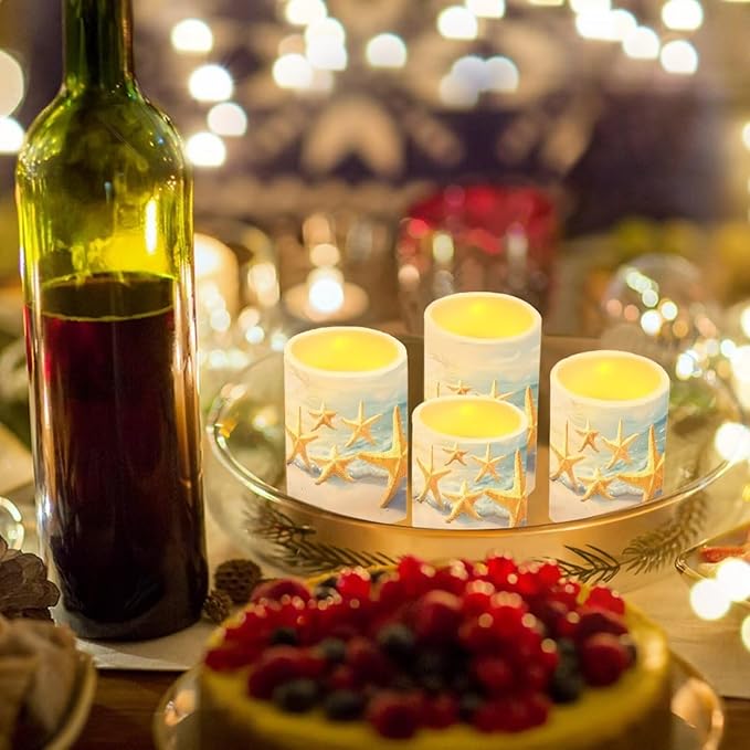 Flameless Candles Battery Powered LED Candle with Remote Timer Color Changing Control Set of 4 for Indoor Outdoor Beach Wedding Home Decoration, Coastal Gold Starfish
