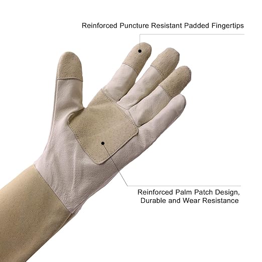 HLDD HANDLANDY Long Sleeve Leather Gardening Gloves,Puncture resistant,Breathable Pigskin Leather Gauntlet,Rose Pruning Floral Gauntlet Garden Gloves For Women and Men (Medium, Beige)