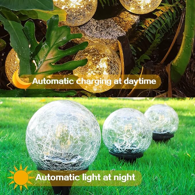 TOMEX 4 Pack Solar Garden Lights, Cracked Glass Ball Waterproof Warm White LED for Outdoor Decor Decorations Pathway Patio Yard Lawn, 4 Pack (3.9")