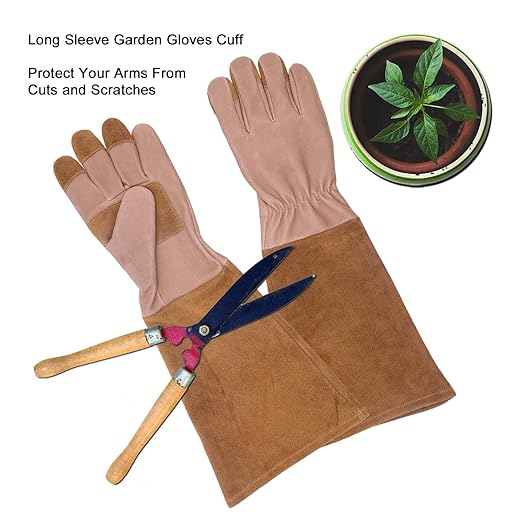 HLDD HANDLANDY Long Sleeve Leather Gardening Gloves,Puncture resistant,Breathable Pigskin Leather Gauntlet,Rose Pruning Floral Gauntlet Garden Gloves For Women and Men (Small, Brown)