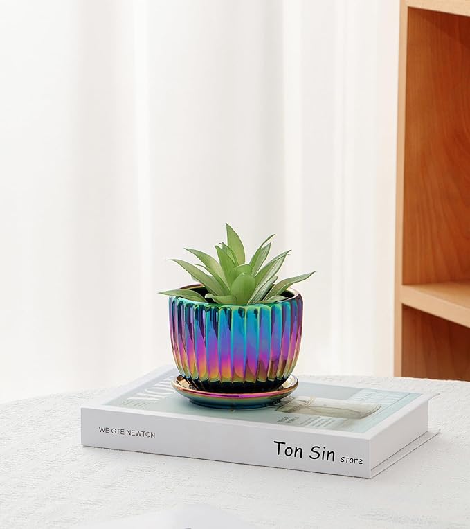 Ton Sin Flower Pots, Purple Ceramic Plant Pots Set of 3,Small Glazed Succulent Pots with Drainage Hole,Cactus Planter with Saucer,Outdoor Garden Pots (Colorful Gold)