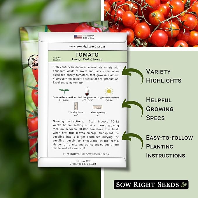 Sow Right Seeds - Large Red Cherry Tomato Seeds for Planting - Non-GMO Heirloom Packet with Instructions to Plant a Home Vegetable Garden - Tasty Snacking Variety, Start Indoors - Indeterminate (2)