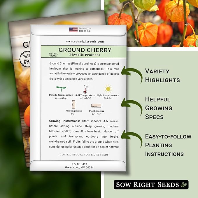 Sow Right Seeds - Ground Cherries Seeds for Planting - Non-GMO Heirloom Packet with Instructions to Plant an Outdoor Home Vegetable Garden - Mexican Husk Tomato - Endangered Variety (4)