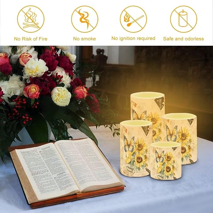 Flameless Candles Battery Powered LED Candles with Remote Timer Color Changing Control Long Lasting for Indoor Outdoor Home Table Decoration Set of 4, Butterfly Sunflower Retro