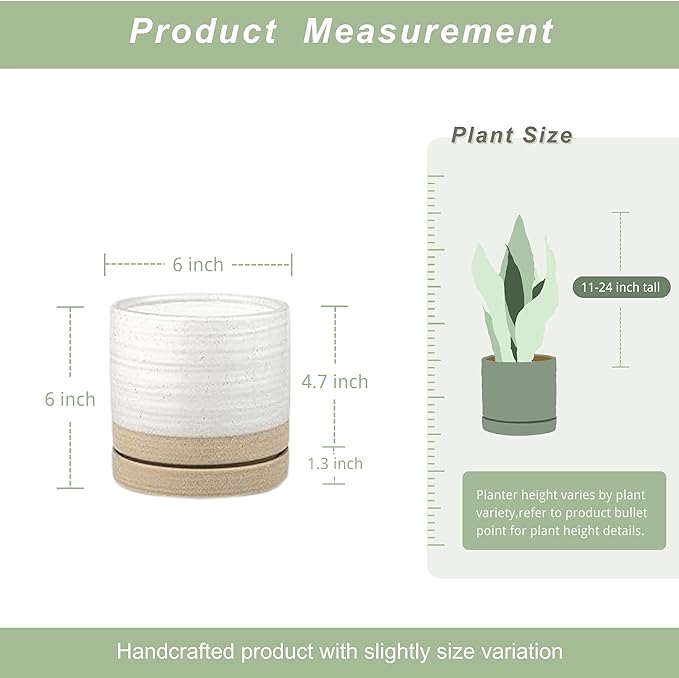 6 Inch Plant Pots, Ceramic Planter Pot with Drainage Hole & Saucer, Indoor/Outdoor Cylinder Round Planter Pot, White & Beige Glaze
