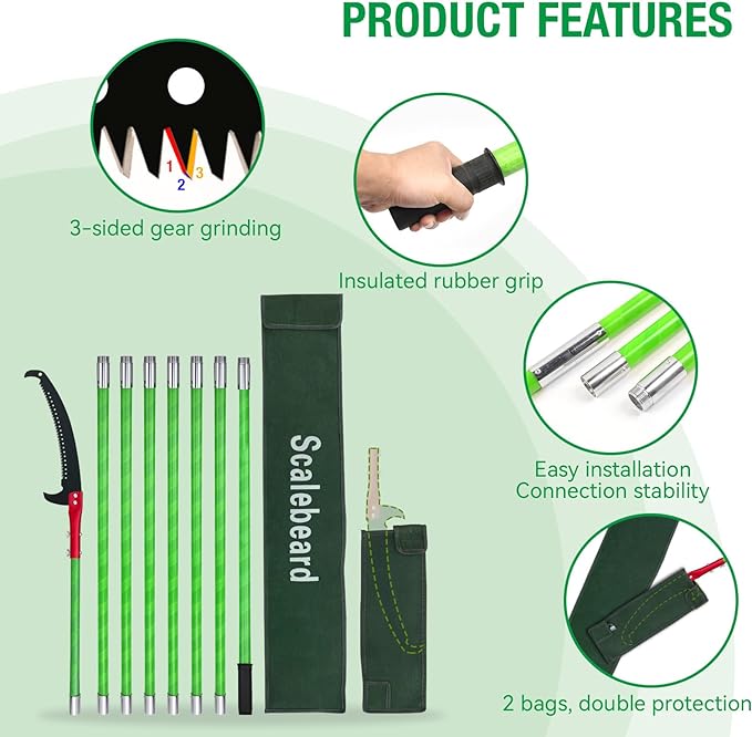 Scalebeard Manual Pole Saw,7.8-26 Ft Extendable Pole Saws for Tree Trimming with Sharp Steel Blade,Lightweight & High Strength Pole Pruner for High Reach Trimming,Palm Tree Maintenance(Bags Included)