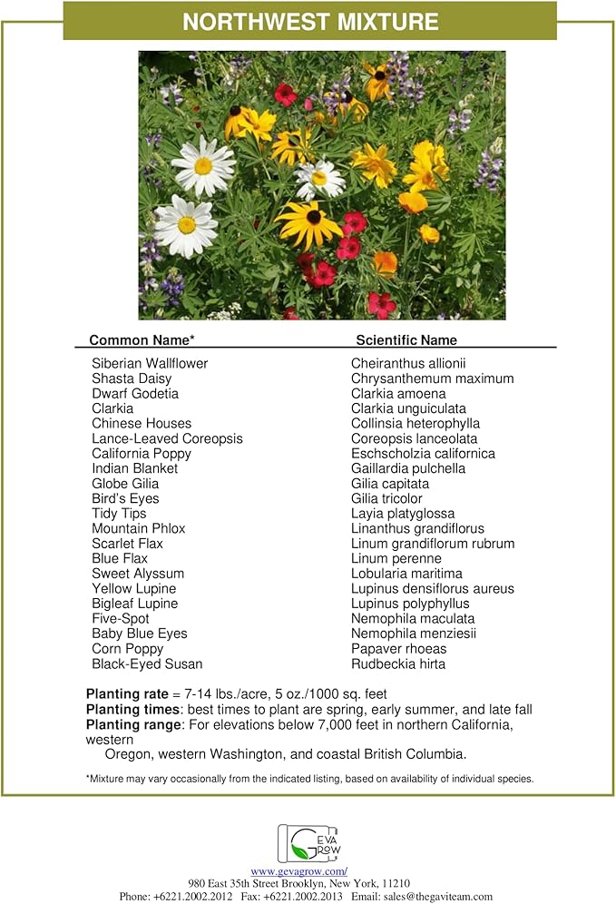 Geva Grow on The Go Seed Shaker - Northwest Wildflower Seeds Regional Mix - Organic, Non-GMO - 100% Pure Seed - 20 Different Wildflowers Seeds of Annual and Perennial, 8oz