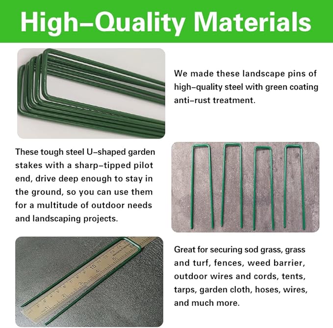 Bakulyor 150Pcs Green Landscape Staples 6 Inch Garden Artificial Turf Stakes Staples, 11 Gauge Lawn Galvanized Ground Fabric Pins for Weed Barrier Sod Decorations Holding Fence and Irrigation Tubing