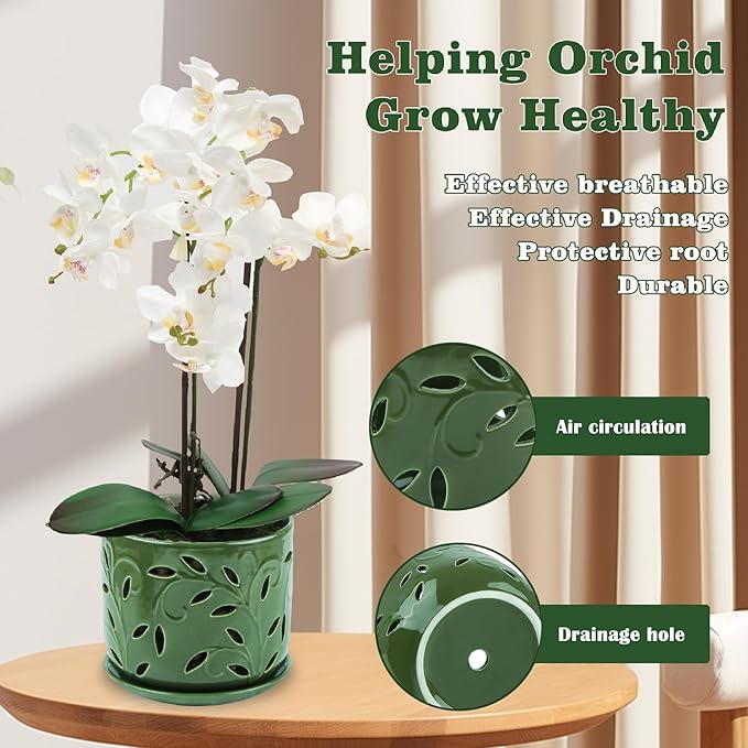 Set of 2 Orchid Pots with Holes & Saucers for Orchid Root Health, 5 inch&6 inch Ceramic Pots for Plants (Patina)