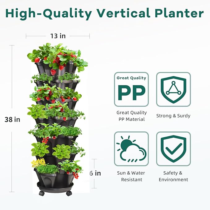 Strawberry Vertical Planter 2 Pack, 7 Tiered Stacking Garden Tower, Stackable Herb Vegetable Planters with Support Pole Indoor Outdoor Black