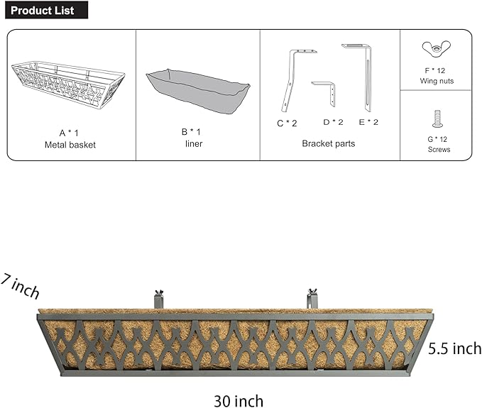 4 Pack 30 Inch Window Boxes Planters Railing Planter Box with Adjustable Brackets for Porch Fence Patio Balcony Hanging Flower Baskets with Coco Liners for Outdoor Garden Decor - Grey