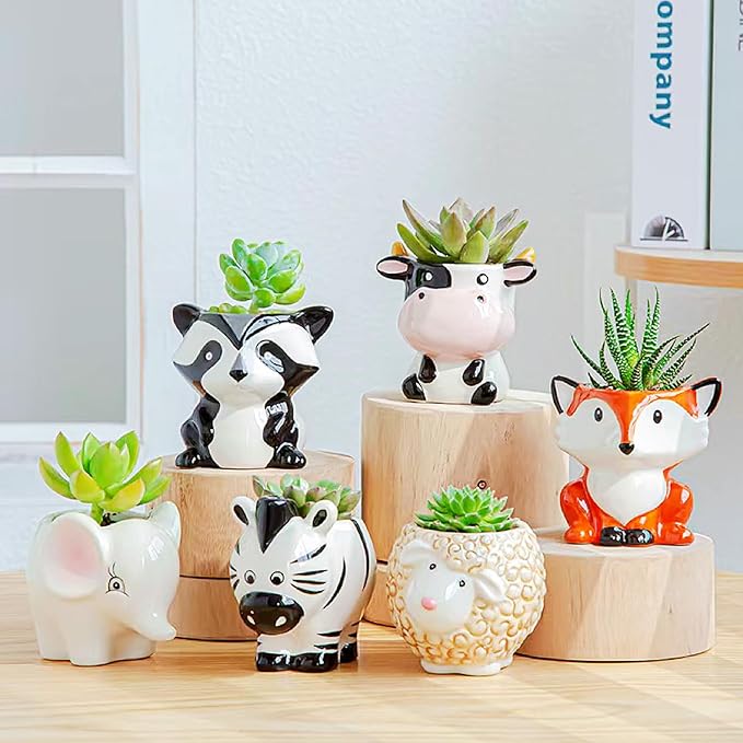 Melphoe 6Pcs Air Plant Holders Cartoon Shaped Small Succulent Pot Animal Planter Small Ceramic Pot Drainage for Mini Plant Cactus Flower, Tillandsia Air Fern, Display Stand Home, Office Desktop