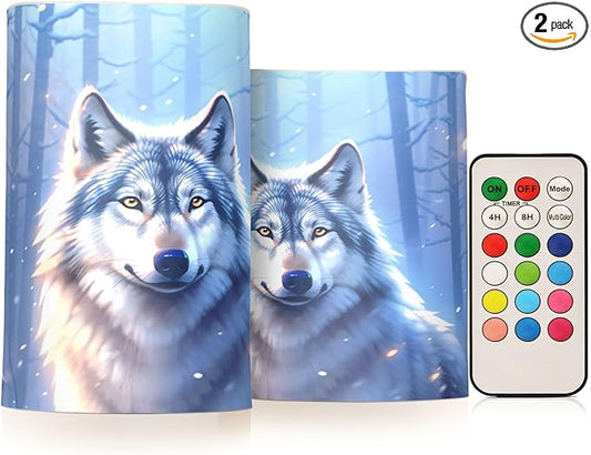 Flickering Flameless Candles, Wolf Winter Forest LED Candles with Remote Timer, Set of 2 Battery Operated Candle for Valentine Wedding Birthday