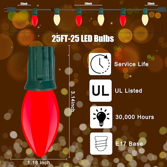 Red White LED Christmas Lights 25FT - Vintage C9 Outdoor String with 26 Bulbs, Extendable Commercial Holiday Decor for Roofline, Patio, Backyard & Parties