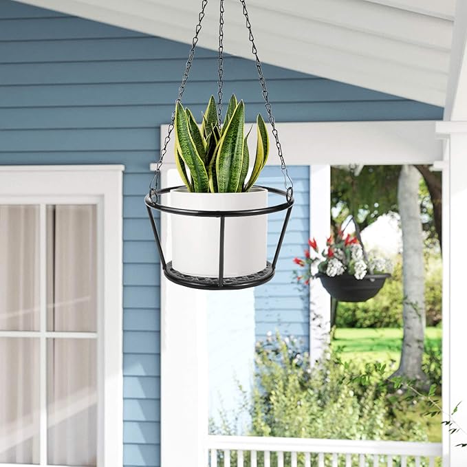 ARTORA 2 Pack Metal Plant Hanger, Modern Plant Hanging Basket Decorative Black Plant Pot Holder Flower Planter Hanging Chain for Balcony Porch Indoor Outdoor Home Decor (Black 2PCS)