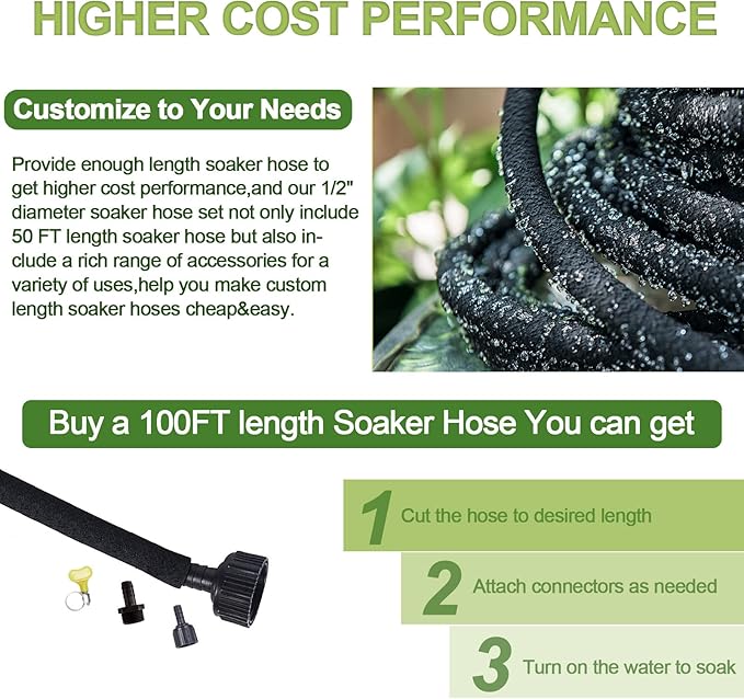 Soaker Hose with Solid Brass Connectors 100 FT for Garden Beds 1/2 Inch Longer Lasting Drip Irrigation Save 70% of Water Various Accessories Great for Lawn and Yard