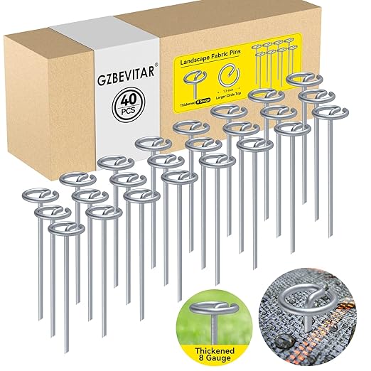 Landscape Fabric Pins, Thickened 8 Gauge Circle Top Landscape Pins, Not Easy to Bend 6 inch Galvanized Landscape Fabric Stakes, More Holding Power Than U-Shape Garden Staples (40)