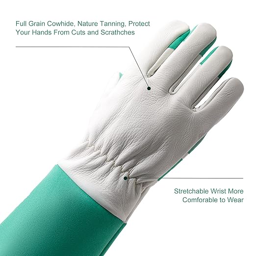 HLDD HANDLANDY Gardening Gloves for Women & Men, Leather Long Sleeve Rose Pruning Gloves, Thorn Proof Garden Work Gauntlet Animal Handling Gloves (Small, Green)