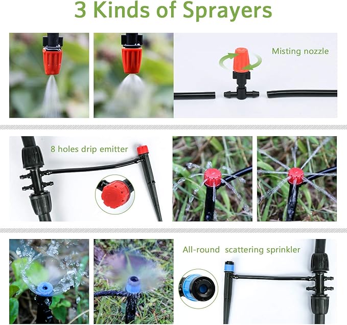 MIXC 226FT Greenhouse Micro Drip Irrigation Kit Automatic Irrigation System Patio Misting Plant Watering System with 1/4 inch 1/2 inch Irrigation Tubing Hose Adjustable Nozzle Emitters Barbed Fittings